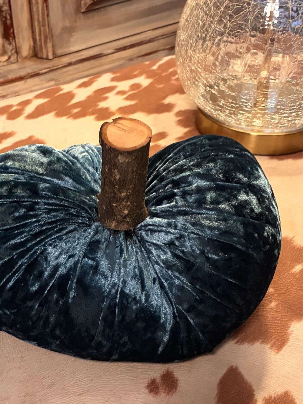Plush Velvet Teal Decorative Pumpkin # 2 with Natural Stem-Handmade
